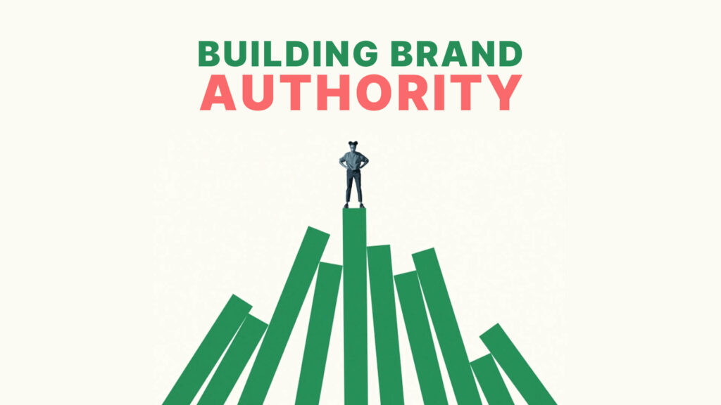 Person standing on top of rising bars symbolizing building brand authority, business growth, and digital marketing leadership