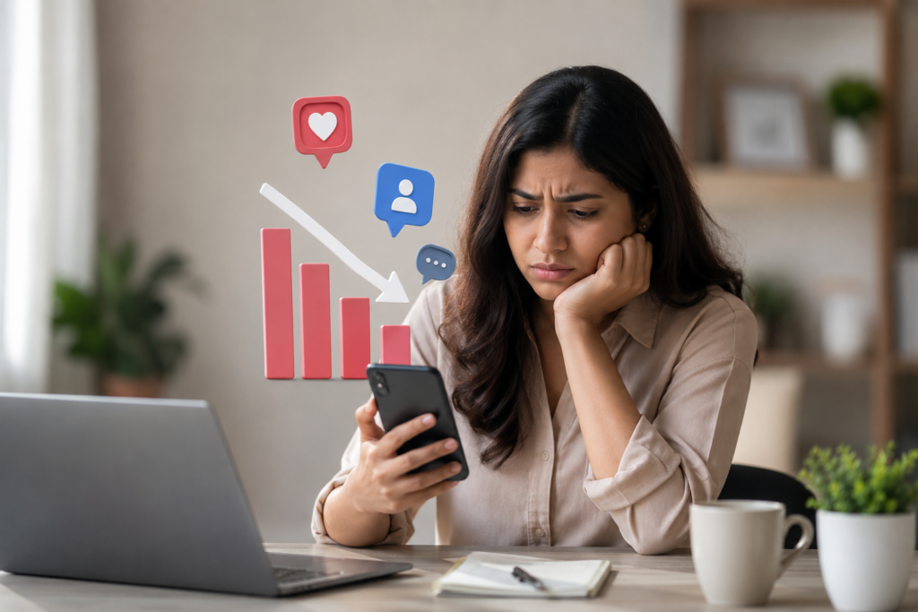 Business owner analyzing stagnant social media follower growth with content strategy and engagement metrics.