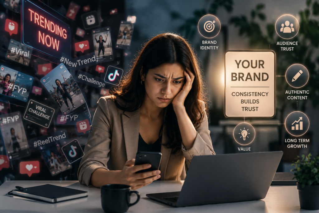 Business evaluating social media trends while maintaining brand identity and consistent content strategy.