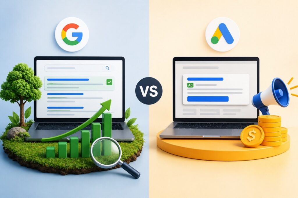SEO vs Google Ads comparison showing paid search ads and organic search rankings for business growth.
