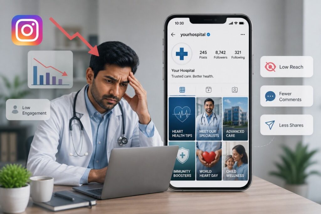 Hospital Instagram analytics showing declining reach and engagement with healthcare content strategy.