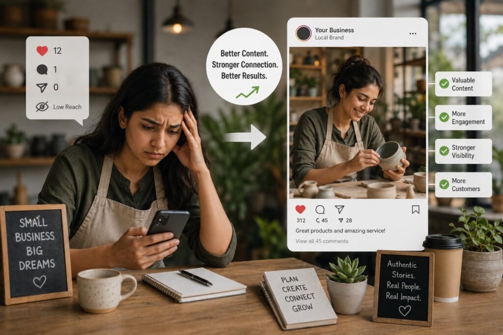 Small business owner creating social media content with low engagement analytics and content strategy planning.
